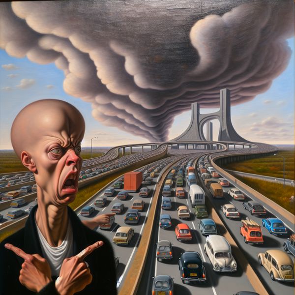 Hyper-realistisch landschap van verkeerswoede Een gefrustreerde figuur wijst naar een drukke snelweg vol stilstaande auto's terwijl hij zijn hoofd schudt onder een bewolkte lucht.