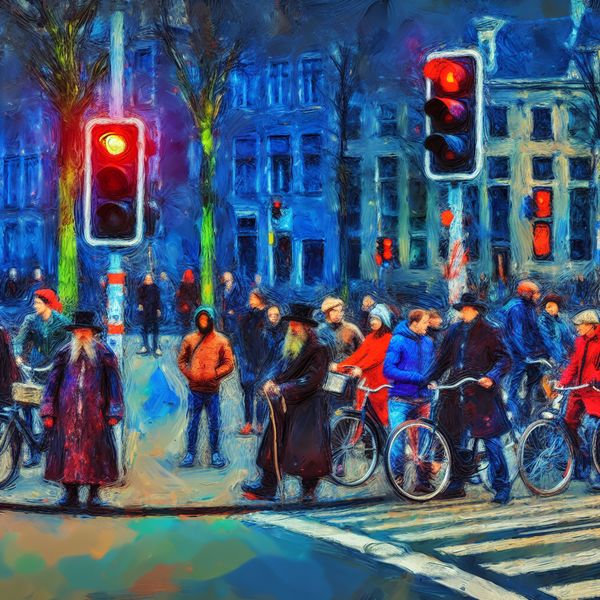 Drukke straatscène met verkeerslicht op rood, mensen en fietsers wachten in levendige stijl van Frans Hals