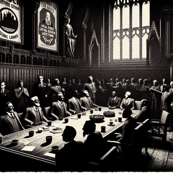 Een diverse groep mensen in zakelijke outfits die een verkiezingscampagne bespreken in een sfeervolle, gothic ruimte.