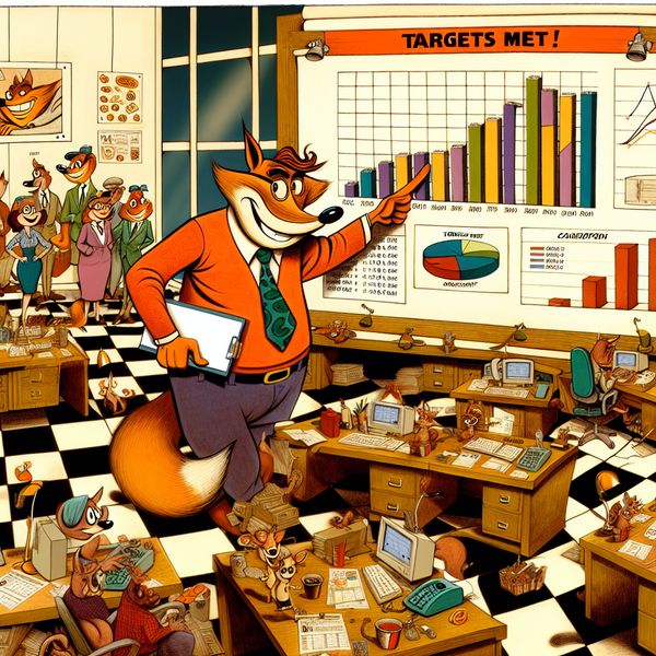 Verkoopafdeling succes: team viert behaalde doelstellingen in dynamische kantooromgeving Cartoonachtige verkoopafdeling met antropomorfe dieren die succesvolle verkoopdoelstellingen vieren op een dashboard met grafieken en 'doelstellingen gehaald'