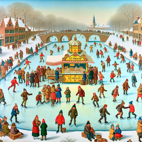 Verkooppunt op wintermarkt: ijsverkoop bij bevroren kanaal in historische stijl Druk wintermarktgebeuren met een verkooppunt voor ijsjes op een bevroren kanaal, in de stijl van Hendrick Avercamp