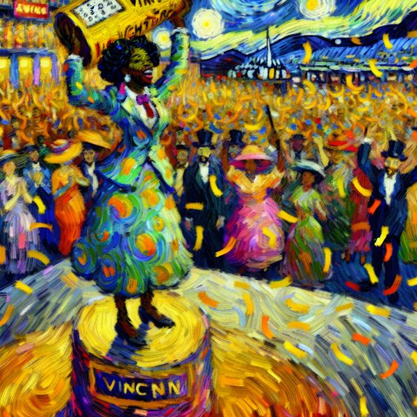 Geluk en inspanning: winnen van prijs in expressieve Van Gogh-kunst Persoon wint gouden loterijtrofee op podium met confetti en juichend publiek in Van Gogh-stijl