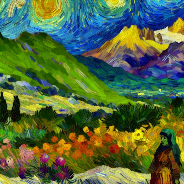 Vrouw in een pittoreske landschapsomgeving die verlangend naar de bergen kijkt, geïnspireerd door Vincent van Gogh.