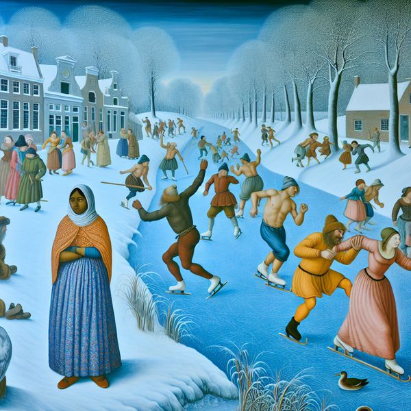 Verlangen naar verbondenheid - Wintertafereel met schaatsers en eenzame figuur Wintertafereel met een eenzame figuur die verlangend kijkt naar een groep schaatsers op een bevroren kanaal, symbool voor een sterk verlangen naar verbondenheid