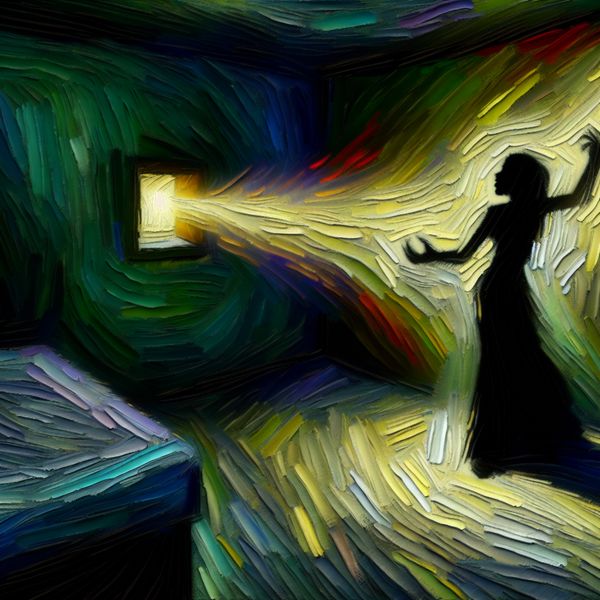 Silhouet van een persoon in een donkere kamer, reikt naar een verre lichtbron met intense emoties van verlangen en pijn.