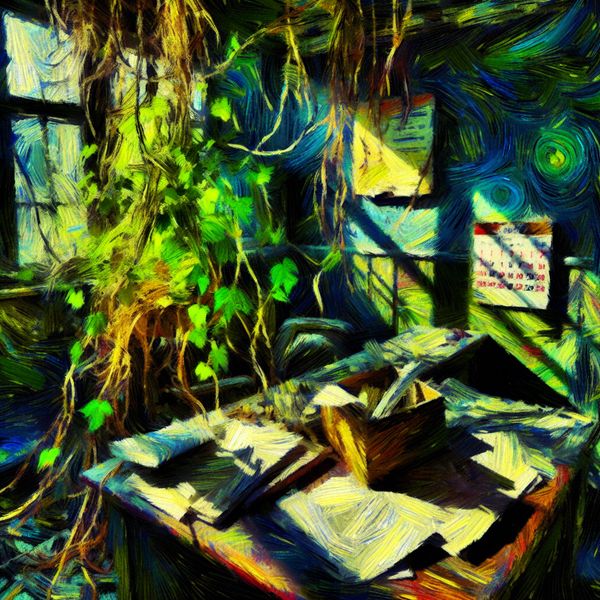 Verleden tijdperk: verlaten kantoor in Van Gogh-stijl voor taalstudie Abandoned kantoor met vergane glorie, overwoekerd door klimop en vervaagd door de tijd, in Van Gogh-stijl met expressieve penseelstreken