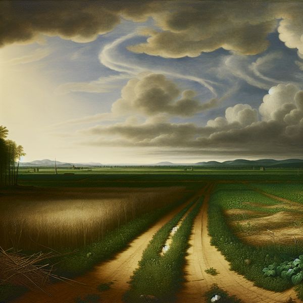 Verlaten landschap met pad en dramatische lucht Stille landschapsweergave van een verlaten pad dat leidt naar een overgroen veld, omlijst door een dramatische lucht met zwellende wolken.