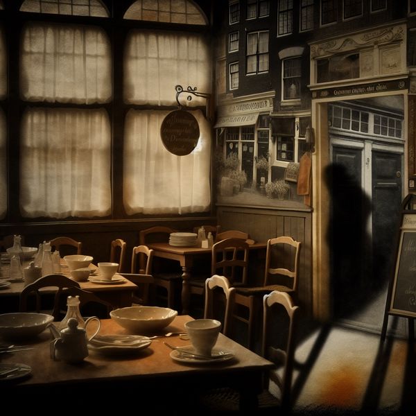 Verlaten restaurant met tekenen van verwaarlozing Een sombere scène van een elegant restaurant met een verwaarloosde uitstraling, inclusief een scheve 'Gesloten' bord en stoffige gerechten op de tafel.