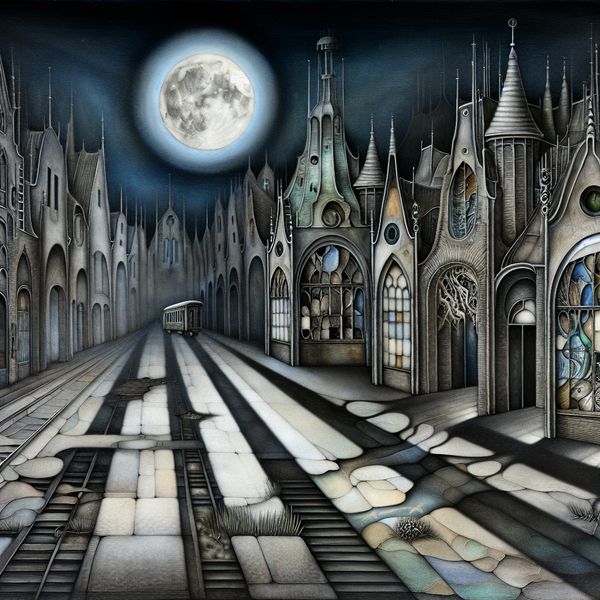 Surrealistisch verlaten treinstation 's nachts in de stijl van Hieronymus Bosch, met gotische architectuur, maanlicht en mysterieuze wezens