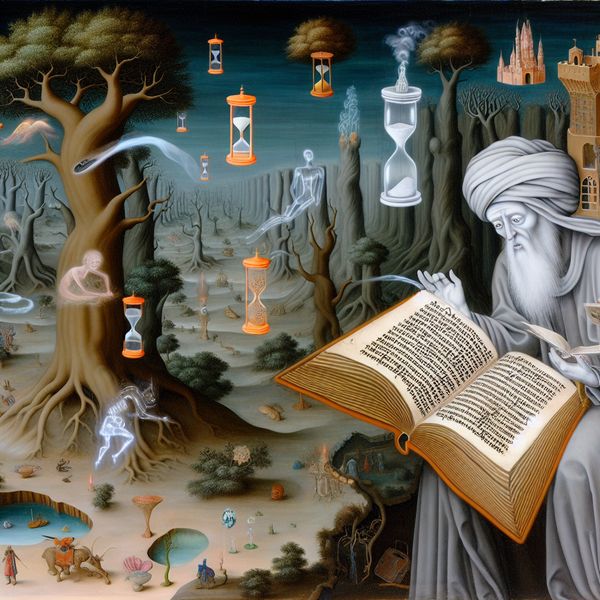 Verleden deelwoord grammatica leren met surrealistische tijdreis metaforen Surrealistisch tafereel van een middeleeuwse geleerde met een gloeiend grammaticaboek waarin het verleden deelwoord in het Nederlands wordt benadrukt, omringd door tijdreissymbolen en vreemde wezens