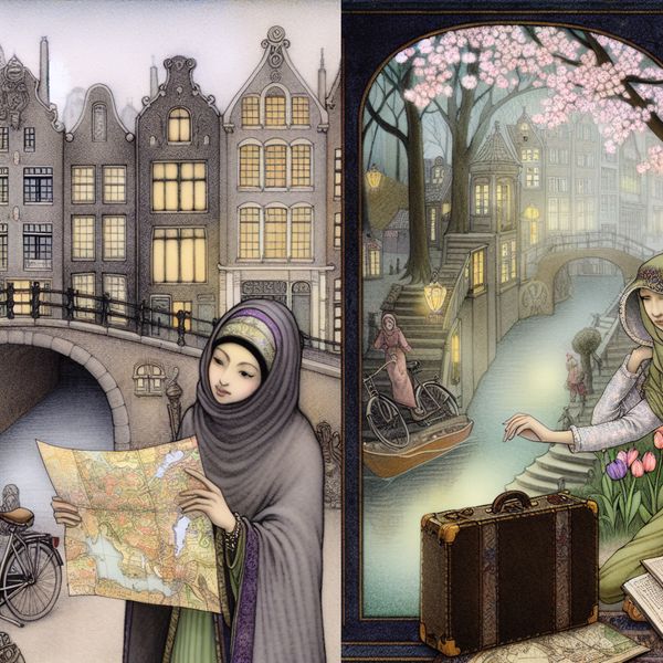 Tijd en reizen: verleden en toekomst in nostalgische illustratie Illustratie van een persoon die nadenkt over reizen in het verleden en de toekomst, met Amsterdamse grachten en Japanse kersenbloesems in nostalgische stijl