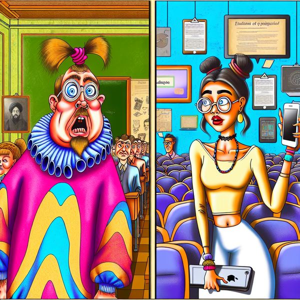 Vergelijking tussen verleden en heden in de maatschappij Een vrolijke cartoon met een karakter uit de jaren '90 en een moderne persoon, die elkaars kledingstijl en technologie vergelijken in een onderwijssetting.