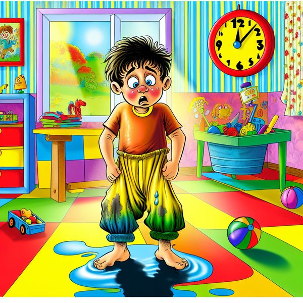 Verlegen jongen met natte broek in speelse kamer Een geschilderde cartoon van een verlegen jongen in een kleurrijke kamer, met een bezorgde uitdrukking en natte broek, omgeven door speelgoed.