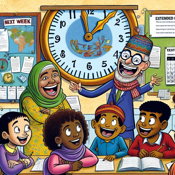 Een cartoonachtige schoolklas met een vriendelijke leraar die een verlengde deadline aankondigt aan diverse, expressieve studenten.