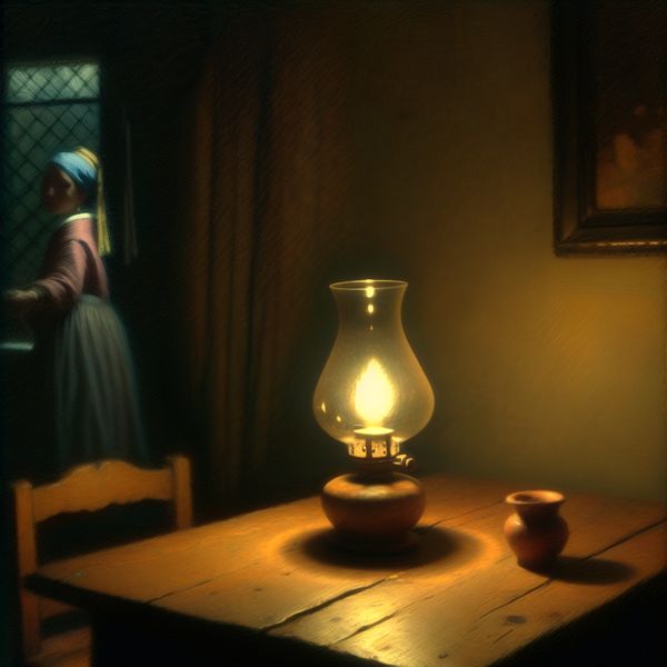 Gloedvolle olielamp op houten tafel in sfeervol verlichte kamer, Vermeer-stijl