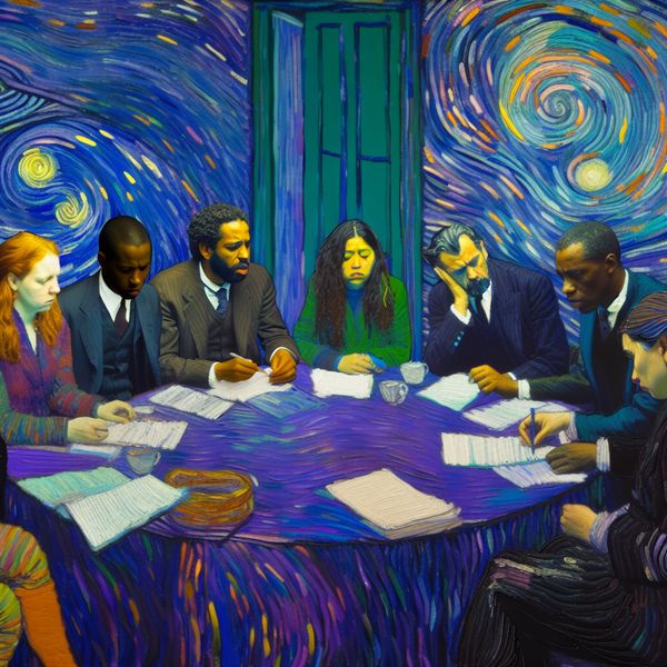 Verlichte Onderhandelingstafel met Diverse Individuen Groep diverse individuen rondom ovale tafel in overleg, met papieren in een gedempte ruimte.