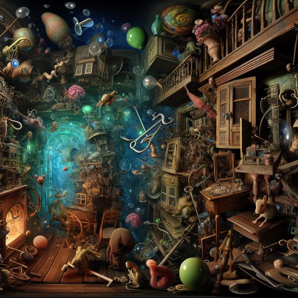 Surrealistische zoektocht naar verloren sleutels: plaats en locatie in Nederlandse taal leren Surrealistisch interieur in de stijl van Jheronimus Bosch met verloren sleutels tussen bizarre huishoudelijke voorwerpen en mysterieuze details, ter illustratie van het concept 'plaats' in taalverwerving