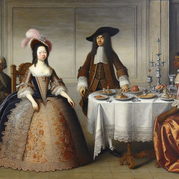 17e-eeuws schilderij van een jong stel tijdens een formeel diner met ouders, waarbij de verloofde voorgesteld wordt in elegante kleding en verfijnde setting