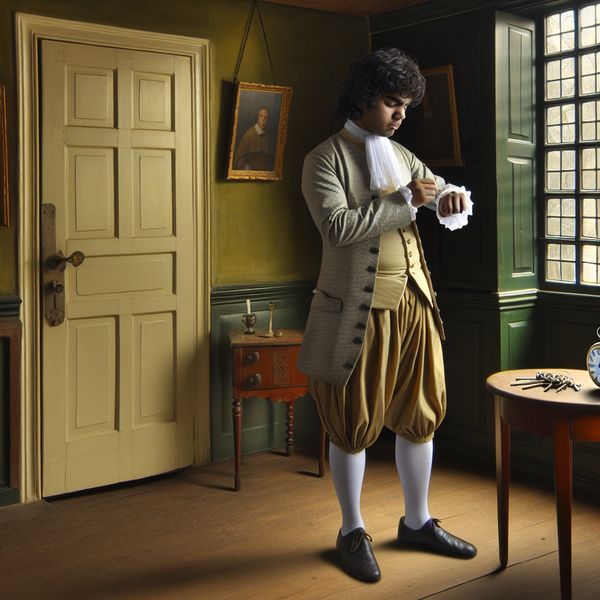 Jonge man in 17e-eeuwse kleding kijkt verrast en licht geïrriteerd op zijn zakhorloge in een zonnig Hollands interieur, symboliserend herhaling en tijdsdruk
