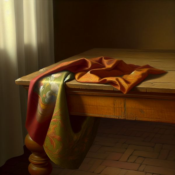 Vermeer geïnspireerde interieur met houten tafel en doek Serene interieur met een houten tafel en gekleurd doek, inspiratie van Johannes Vermeer