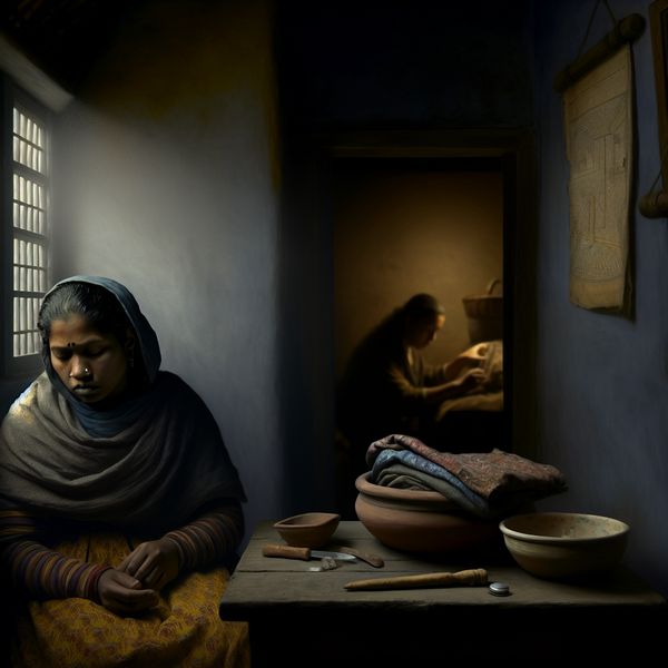 Vrouw in stil verdriet aan houten tafel in schemerige kamer, symboliserend menselijk lijden en ellende door oorlog of armoede, Vermeer-stijl