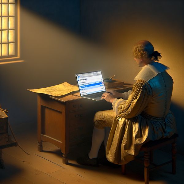 Klassieke kunst met moderne technologie: e-mails downloaden in Vermeer-stijl 17e-eeuwse persoon achter houten bureau met gloeiend laptopscherm dat een e-mailinbox toont met nieuwe berichtenmelding, in Vermeer-stijl geschilderd