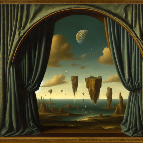 Droomachtig uitzicht op een aarde-achtige planeet door een boogvenster, geïnspireerd op Vermeer, met zwevende eilanden en kristalstructuren in een mystieke kosmos
