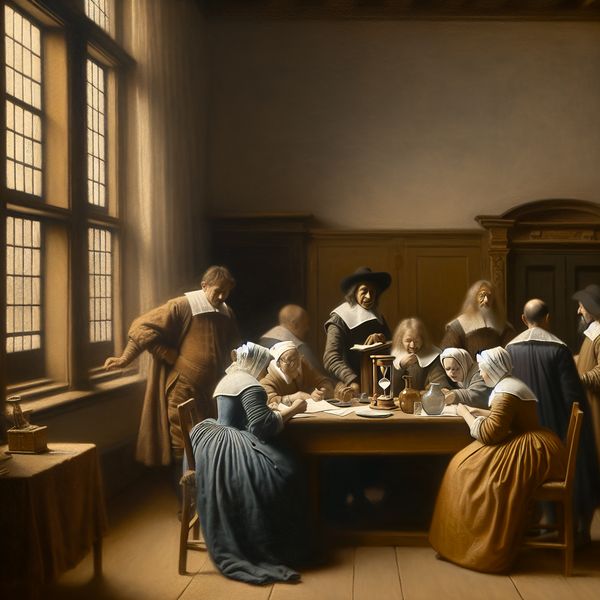 Produktieve Bijeenkomst Vermeer Stijl in Historische Kamer Groep mensen aan een houten tafel in historische kamer, Vermeer stijl