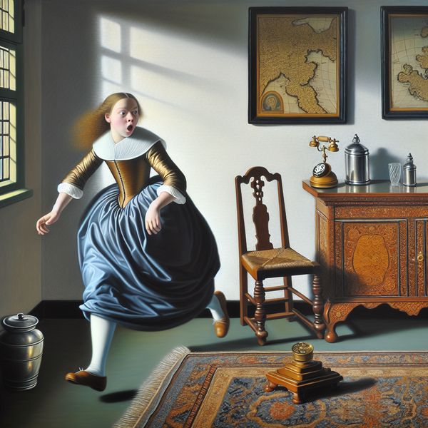 Schilderij van haastende vrouw in Vermeer-stijl met telefoon - Nederlands leren 17e-eeuwse vrouw in Nederlandse kleding die zich haast naar een rinkelende telefoon in een Vermeer-achtig interieur