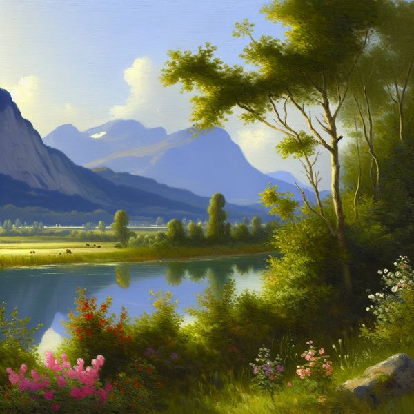 Serene landschap met bergen en meer in Europese setting, in Vermeer-stijl