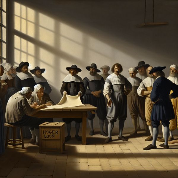 Historische looneis: Nederlandse arbeiders verplichten werkgever tot hoger loon in Vermeer-stijl 17e-eeuwse Nederlandse arbeiders eisen hoger loon van een fabriekseigenaar in een Vermeer-achtige schilderijstijl, met een document met 'hoger loon' als centraal thema
