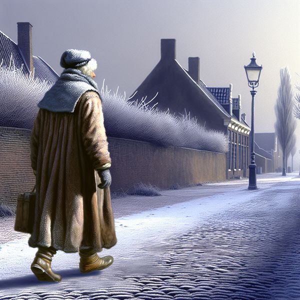 Een eenzame figuur loopt op een koude, rustige straat met lichte vorst op de keien, in de stijl van Vermeer