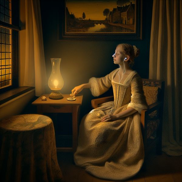 Jonge vrouw in historische setting met oorstukje naar muziek luisterend in een sfeervol verlichte kamer