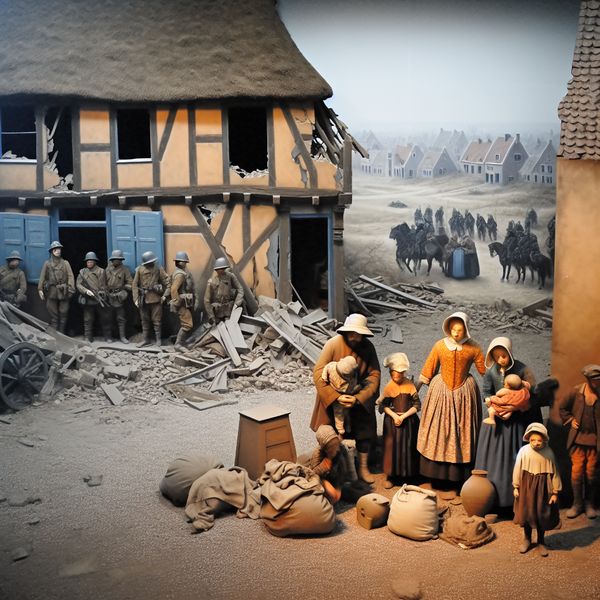 Familie in oorlogsgebied tijdens de Tweede Wereldoorlog, staand voor hun verwoeste huis in een Europees dorp, met soldaten en militaire voertuigen op de achtergrond, geschilderd in de stijl van Johannes Vermeer