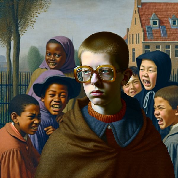 Vermeer-geïnspireerde schoolpleinintimidatie: eenzame jongen gepest door klasgenoten Jongen met scheve bril staat alleen in schoolplein terwijl andere kinderen fluisteren en wijzen, Vermeer-achtige voorstelling van pesten op school