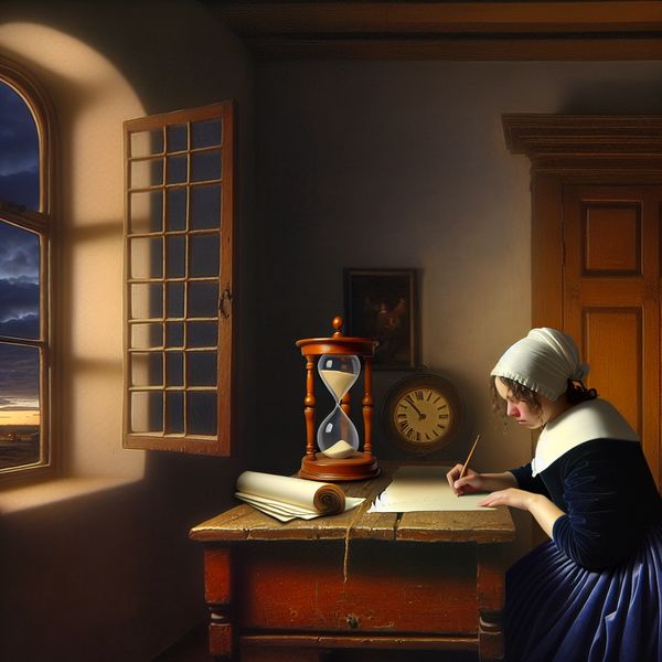 Persoon zit aan houten bureau in zachte verlichting, bezig met schrijfopdracht, Vermeer-stijl