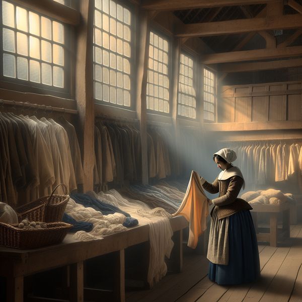 17e-eeuwse uitverkoop in Vermeer-stijl: rustige winkel met afgeprijsde kleding en goederen Vrouw in 17e-eeuwse Nederlandse kleding bekijkt een afgeprijsd overhemd tijdens een rustige uitverkoop in een sfeervolle winkel, geschilderd in de stijl van Vermeer