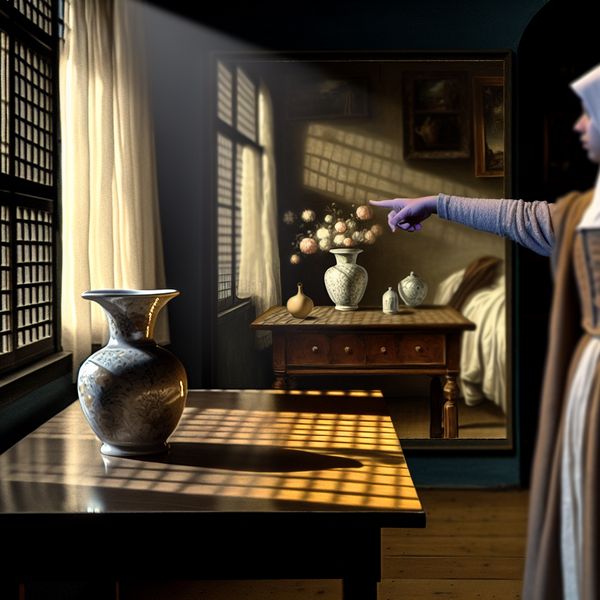Vermeer-achtig tafereel: porseleinen vaas op houten tafel - Nederlands leren met plaats en oppervlakken Stilleven met porseleinen vaas op glanzende houten tafel in Vermeer-stijl, benadrukt het concept 'plaats' in alledaagse setting