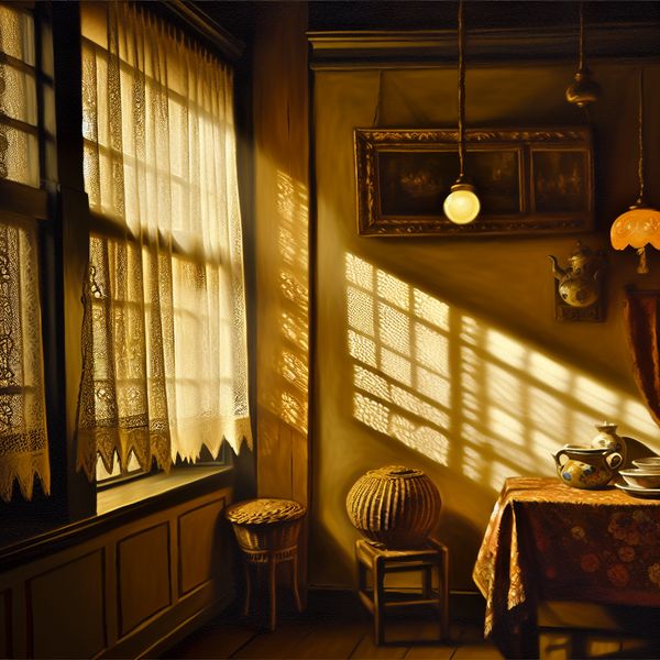 Serene interieurscène in de stijl van Vermeer met zacht zonlicht dat door kanten gordijnen valt en objecten zichtbaar maakt