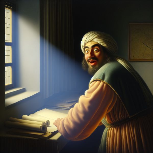 Vermeer-achtige scène: man toont verbazing bij het lezen van een brief 17e-eeuwse Nederlandse man toont verbazing terwijl hij een brief leest bij zacht licht