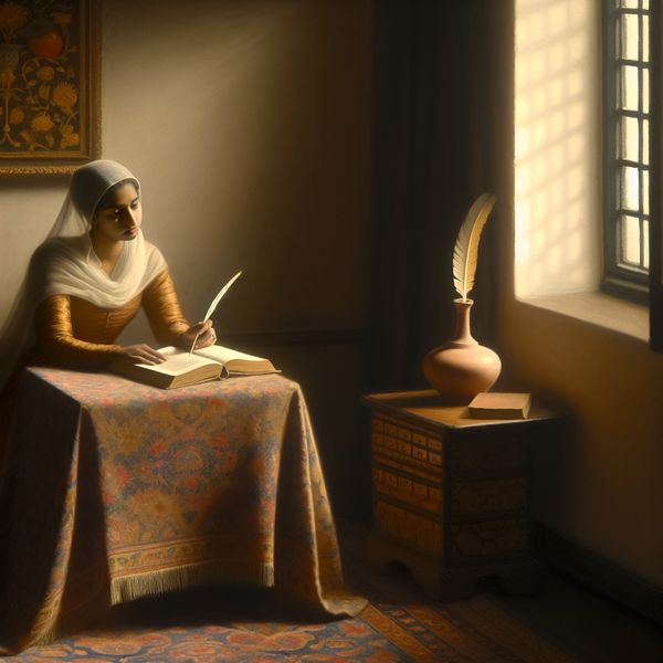 Vermeerachtige scène van betrokkenheid en contemplatie Een persoon zit aan een houten tafel met een open boek en een veerpen, kijkend naar het licht van het raam.