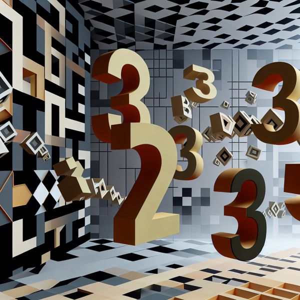 Vermenigvuldiging visualisatie: 3 x 4 = 12 in Escher-stijl wiskundige illusie Surrealistische Escher-achtige voorstelling van de vermenigvuldiging 3 maal 4 is 12 met zwevende getallen en optische illusies