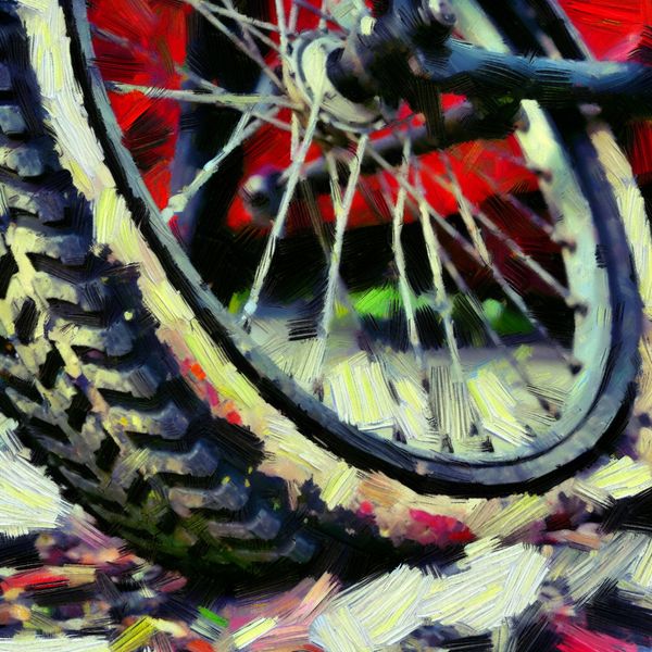 Verminderde kwaliteit abstract weergegeven in expressionistische stijl met versleten fietsband Abstract expressionistisch schilderij van een versleten, gedeeltelijk leeggelopen fietsband met zichtbare scheuren en patches, symbool voor vermindering in kwaliteit
