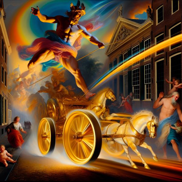Heroïsche figuur in gouden strijdwagen die snelheid vermindert in een rustige Nederlandse woonwijk, met spelende kinderen en glimlachende voorbijgangers, symboliserend matiging en veiligheid