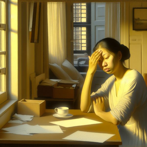 Vermoeide vrouw in kantooromgeving Een jonge vrouw in een kantoor, zichtbaar bleek en vermoeid, leunend op haar bureau.