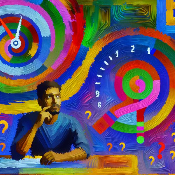 Abstracte voorstelling van een persoon met een nadenkende, onzekere blik omringd door kleurrijke vormen en vraagtekens, die het concept 'vermoeden' uitbeeldt in de stijl van Karel Appel
