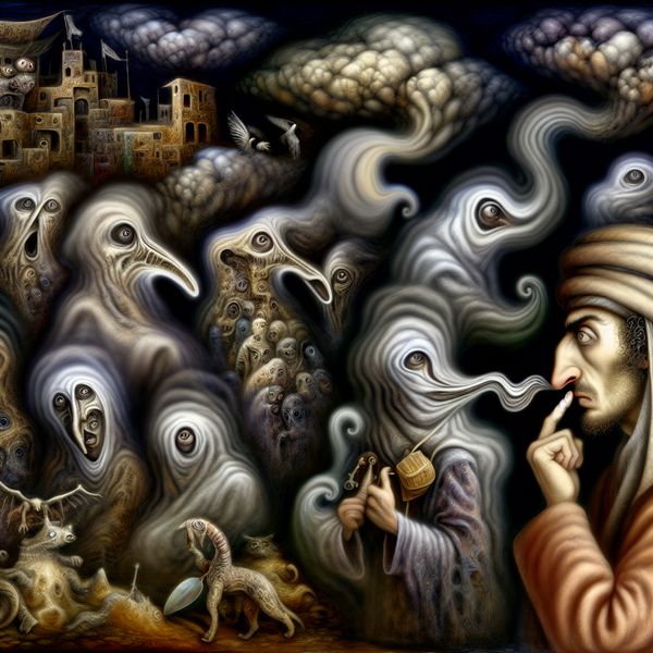 Vermoeden van bedrog in surrealistische stijl - taal en symboliek leren Surrealistisch tafereel van een persoon die argwanend de lucht opsnuift, omringd door spookachtige figuren en vreemde wezens in een duistere, onheilspellende sfeer, symbool voor een vermoeden van bedrog