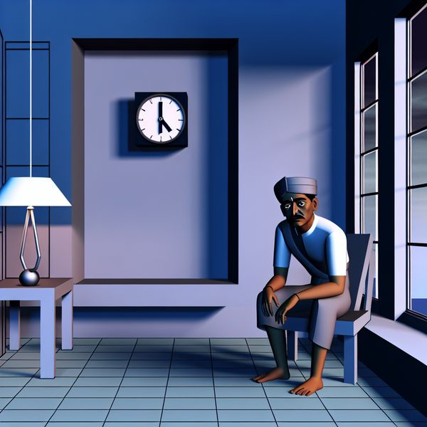 Vermoeidheid in een Moderne Retro-Futuristische Kamer Een vermoeide persoon zit slouchend in een minimalistische kamer met geometrische vormen, met een vintage klok en een blauwe schemering buiten.