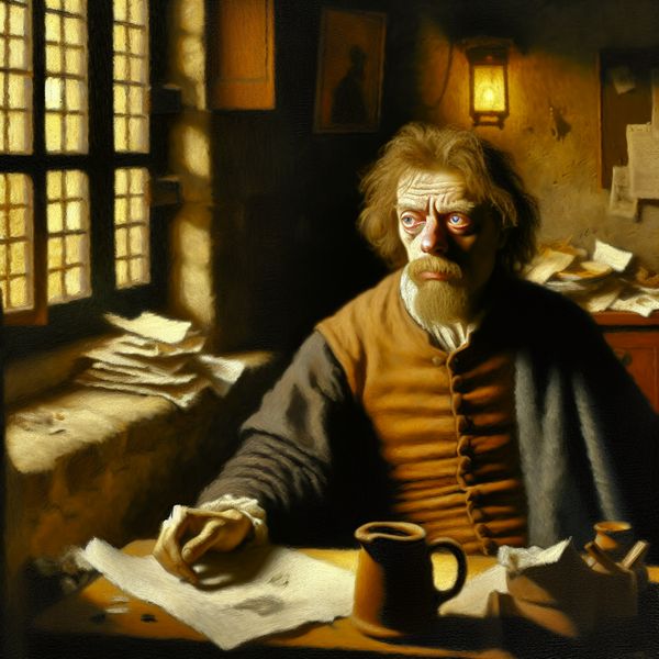 Vermoeide man in een oude kamer met papieren Een vermoeide man in een oude, slecht verlichte kamer, zittend aan een bureau vol met papieren en een halfvolle koffiemok, met uitdrukkingen van vermoeidheid en tegenstrijdheden met de zonnige buitenwereld.
