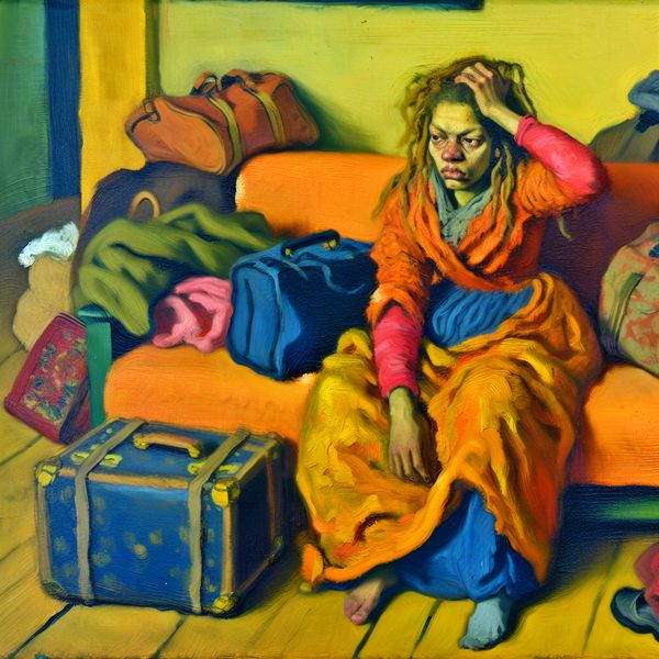 Portret van een vermoeide persoon op een bank na een lange reis, omringd door reisbagage en een half ingepakte koffer.